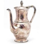 Arts & Crafts silver plated coffee pot with serpent handle, pineapple finial and planished body,