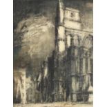 Attributed to John Piper - Cathedral, monochrome mixed media, mounted, framed and glazed, 25cm x