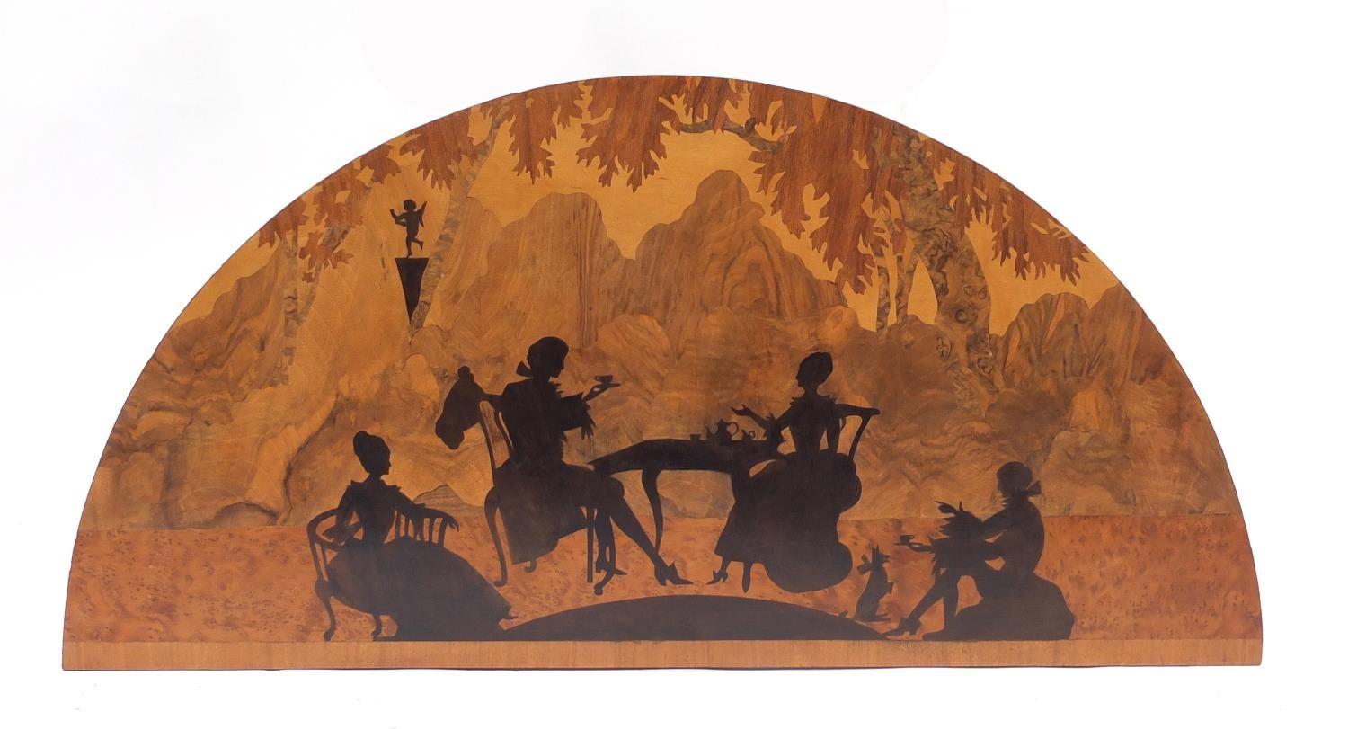 Arts & Crafts wooden marquetry headboard, probably Rowley Gallery, inlaid with figures around a