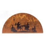 Arts & Crafts wooden marquetry headboard, probably Rowley Gallery, inlaid with figures around a