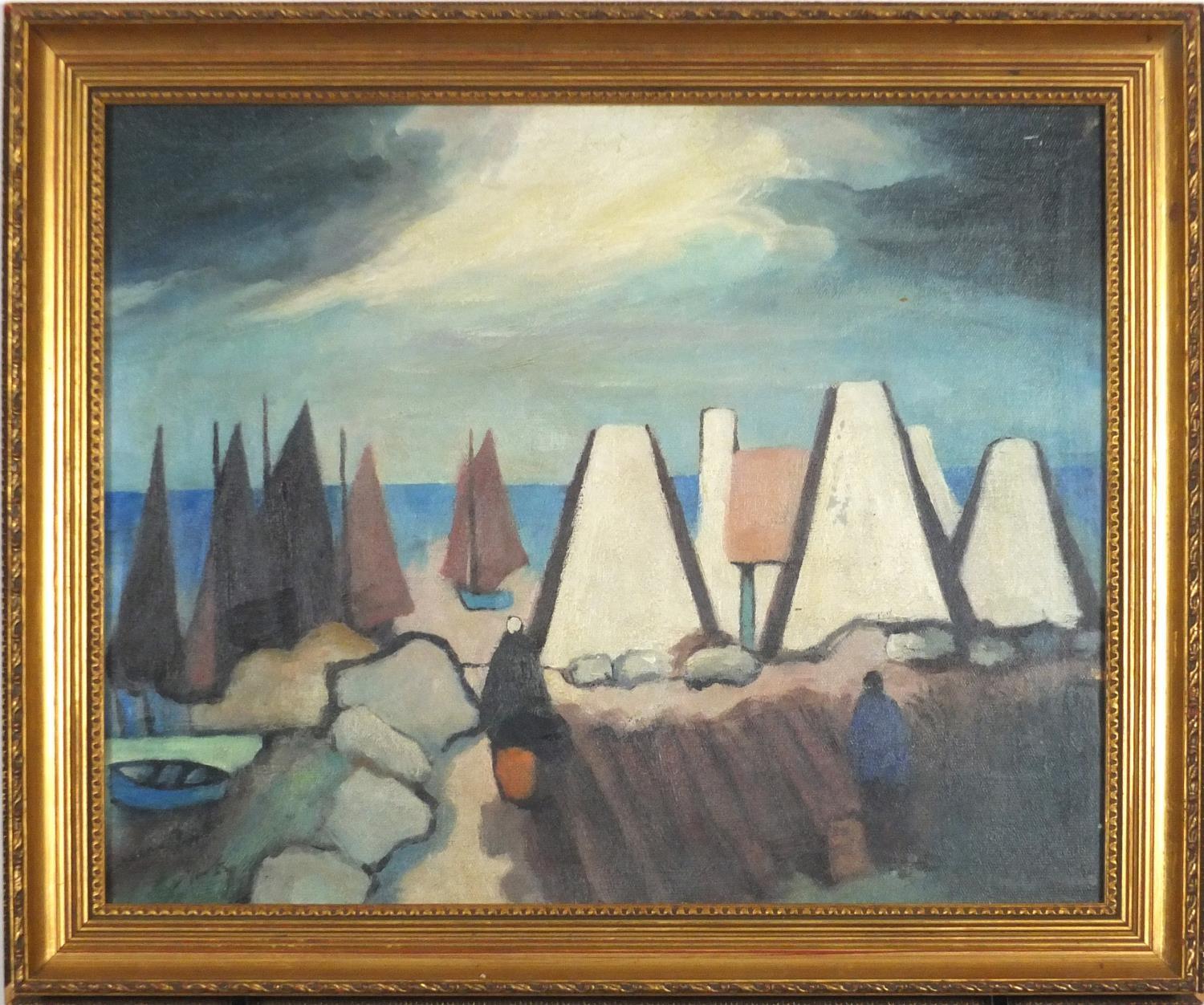 Manner of Markey Robinson - Figures before cottages and water, Irish school oil, framed and - Image 3 of 5