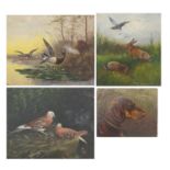 V Stevens - Wildlife, four antique oil on wood panels, unframed, the largest 15.5cm x 12.5cm : For