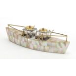 Edwardian mother of pearl desk stand in the form of a boat with two cut glass inkwells, 24cm in