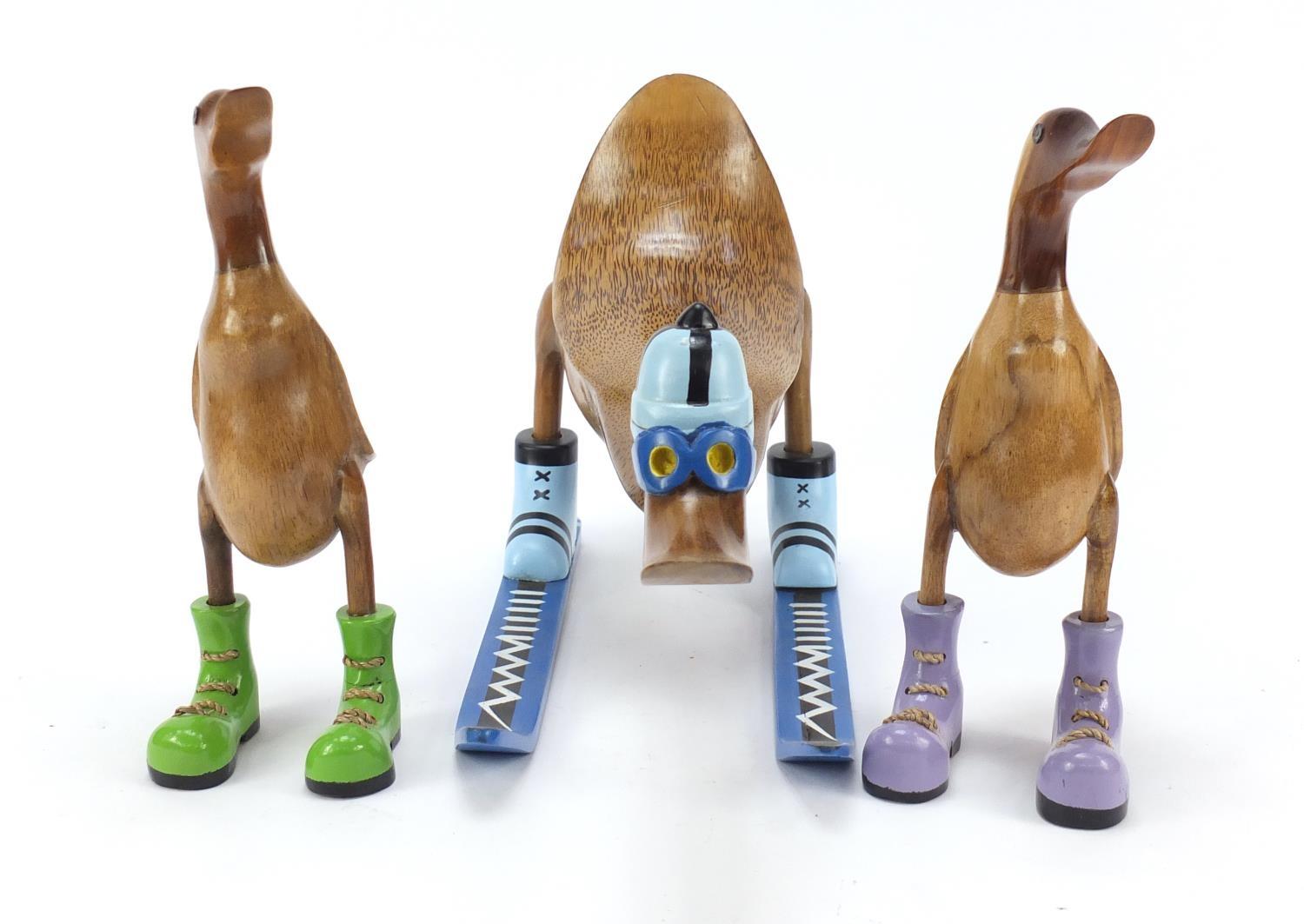 Set of three novelty wooden ducks with colourful oversized boots, the largest 40cm in length : For - Image 6 of 8