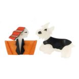Two Lea Stein style brooches, in the form of a Scottie dog and a Art Deco female, 5.5cm high : For