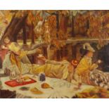 Figures on a terrace having a picnic, French Impressionist oil on board, mounted and framed, 70cm