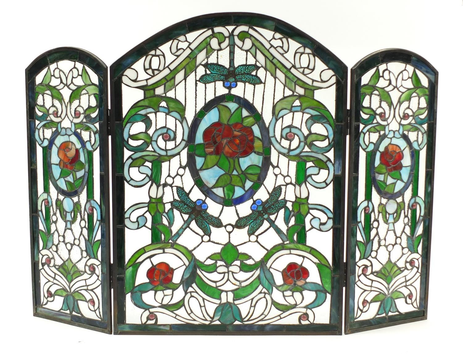 Leaded stained glass three fold screen with Art Nouveau floral roundels, 72cm high x 51cm wide - Image 4 of 4