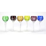 Set of six Bohemian flashed cut glass wine glasses, each 21cm high : For Further Condition