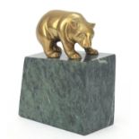 Modernist American bronzed polar bear raised on a green marble base, Warden Brooks, New York paper