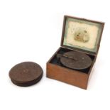 Victorian wooden cased Monopol Polyphon with a large quantity of metal disks, 16cm H x 29cm W x 24.