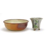 Winchcombe Studio pottery bowl and three footed planter, the largest 26.5cm in diameter : For