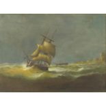 Rigged ship on stormy seas, late 19th/20th century oil on canvas, framed, 34cm x 25.5cm : For