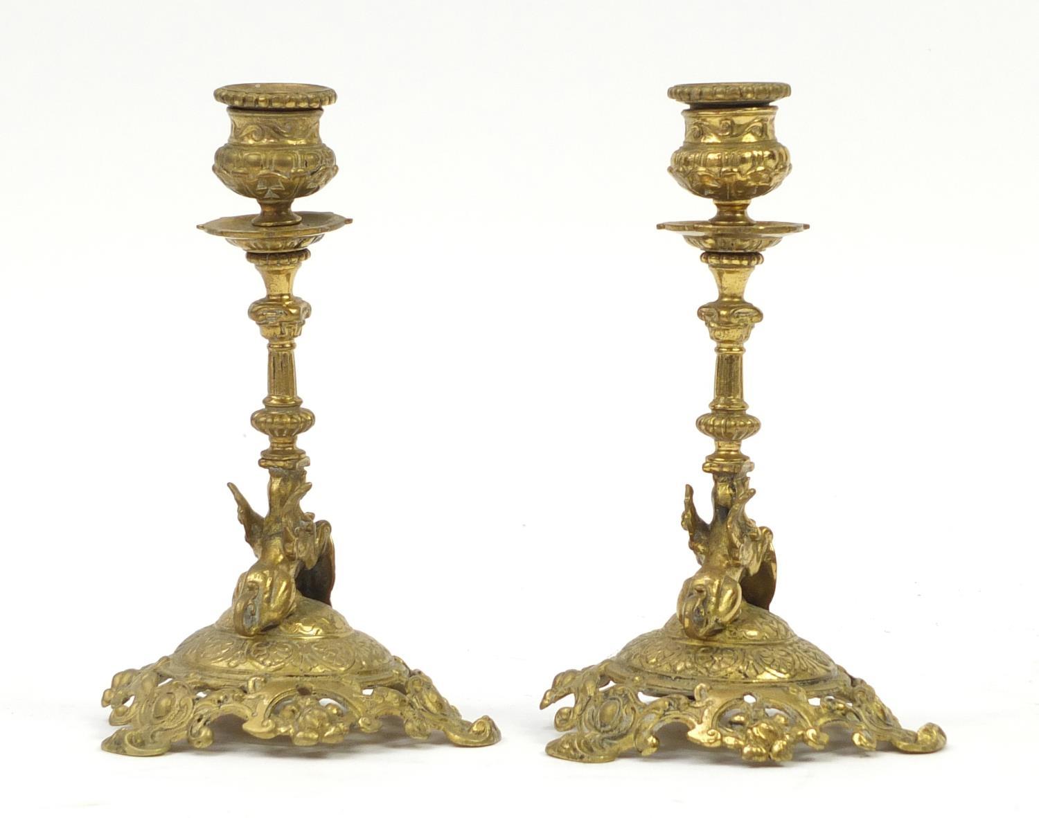 Pair of 19th century classical brass griffin design candlesticks, each 18.5cm high : For Further - Image 5 of 7