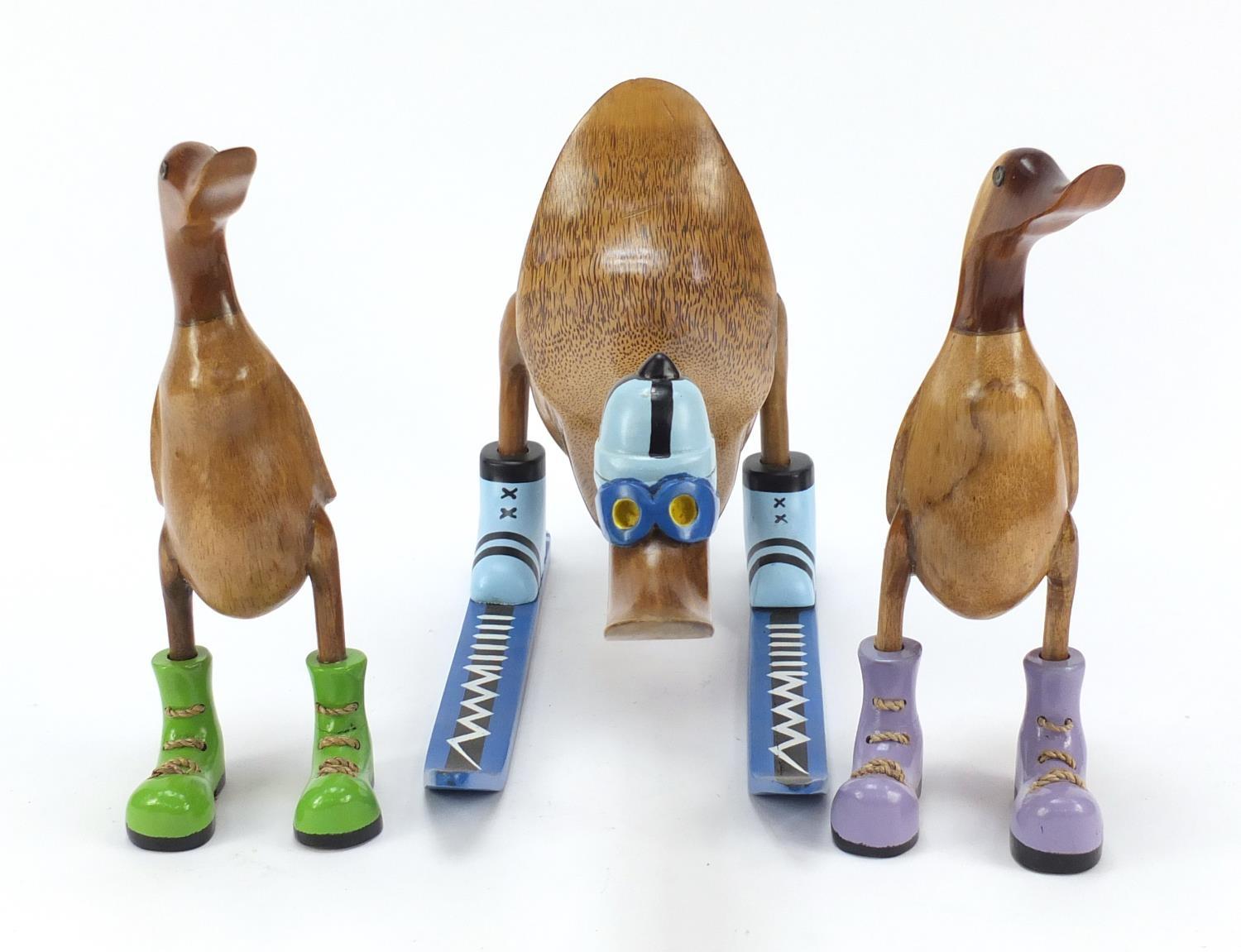 Set of three novelty wooden ducks with colourful oversized boots, the largest 40cm in length : For - Image 2 of 8