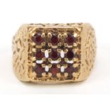 9ct gold garnet square cluster ring, size H, 3.8g : For Further Condition Reports, Please Visit