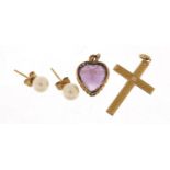 9ct gold jewellery comprising amethyst love heart pendant, cross pendant and a pair of pearl