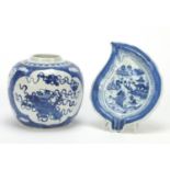Chinese blue and white porcelain ginger jar and leaf shaped dish hand painted with a river