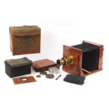 Victorian mahogany field camera with Busch's Rapids Aplanat no 5 lense, three plates, accessories