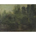 Water before woodland, oil on canvas, bearing a signature Diaz and inscriptions verso, framed and