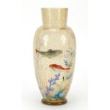 Continental crackle glass vase enamelled with fish amongst aquatic life, possibly by Moser, 29cm