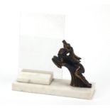 French Art Deco white marble photo frame mounted with a bronzed leaping deer, signed Franjou, 22cm