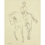 Figure on horseback, pencil on paper bearing a signature Dagas, mounted, framed and glazed, 23cm x