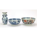 Chinese porcelain comprising an Imari palette bowl, blue and white bowl and vase with twin