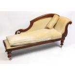 Victorian mahogany framed chaise longue with cream upholstery, 89cm H x 180cm W x 57cm D : For