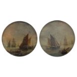 Pair of 19th Century paintings onto glass, sailing boats on a river, unsigned, 8cm in diameter