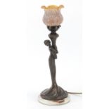 Art Nouveau style bronzed maiden design table lamp with frilled glass shade on marble base, 46cm