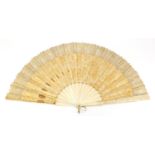 Victorian silk embroidered fan with lace border and ivory sticks, 40.5cm in length when closed : For