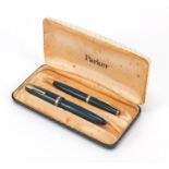Vintage Parker Duofold fountain pen and propelling pencil with case, the fountain pen with 14K