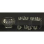 Glass punch bowl with ten glasses, 20cm high x 30cm in diameter : For Further Condition Reports,