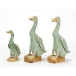 Three Chinese celadon glaze porcelain ducks, the largest 21cm high : For Further Condition