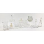 Cut crystal and glassware including two crystal ice buckets, ship's decanters and a fruit basket,