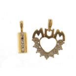 Two 9ct gold clear stone pendants including a mum love heart, the largest 1.5cm in length, 1.3g :