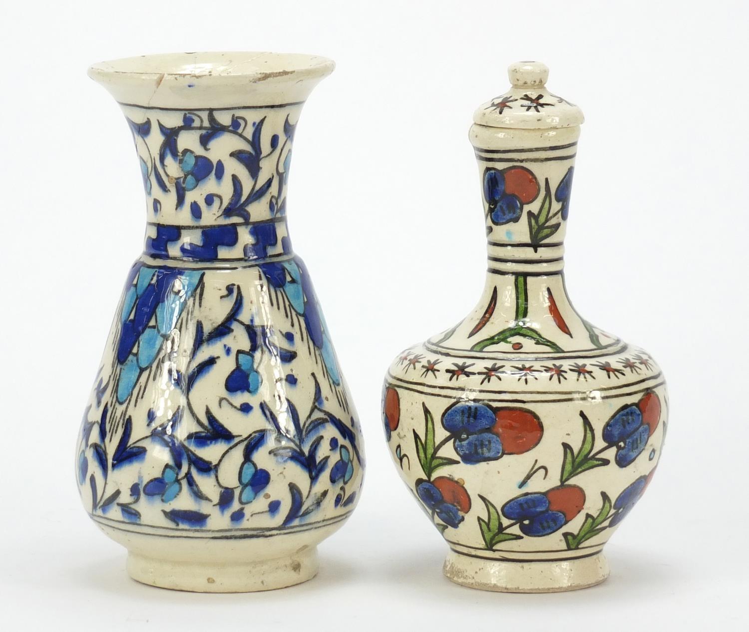 Two Islamic floral pottery vases including one with cover, the largest 11cm high : For Further - Image 7 of 9