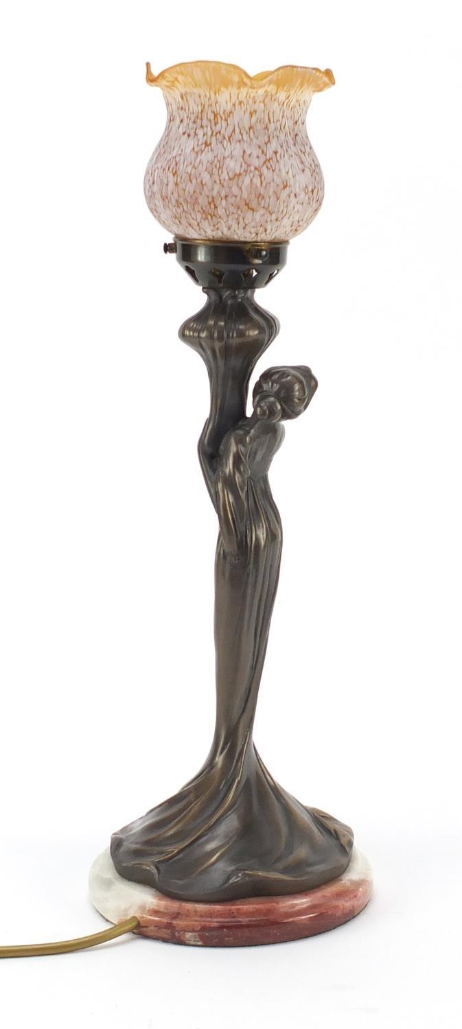Art Nouveau style bronzed maiden design table lamp with frilled glass shade on marble base, 46cm - Image 4 of 5