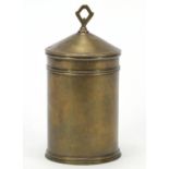 Antique cylindrical brass tobacco box and cover, 18.5cm high : For Further Condition Reports, Please