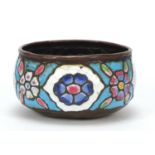 Antique Syrian enamelled Kashkul begging bowl, decorated with flower heads and calligraphy, 12.5cm
