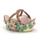 Victorian Majolica pottery basket decorated in relief with flowers, 29cm wide : For Further
