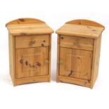 Pair of pine bedside chests each fitted with a drawer above a cupboard door, each 58cm H x 41cm W