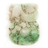 Chinese green and white jade carving of a Foo dog and two bats, 7.5cm high : For Further Condition