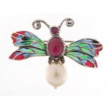 Silver and enamel butterfly brooch with pearl body, 4.4cm in length : For Further Condition Reports,