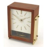 Mid century teak and brass mantle clock by Hettich, 20cm high : For Further Condition Reports,