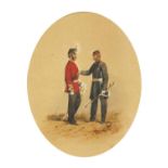 G Norie - Two soldiers in military dress, 19th century heightened watercolour, mounted, framed and