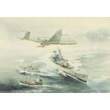 Eric H Day - The Nettles, battleships, watercolour, mounted, framed and glazed, 53cm x 37.5cm :