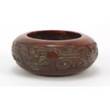 Chinese archaic style carved soapstone brush washer, 10cm in diameter : For Further Condition