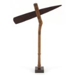 African tribal interest ceremonial wooden axe, on later display stand, 42cm in length : For