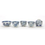 Chinese blue and white porcelain including jar hand painted with birds amongst flowers and three tea